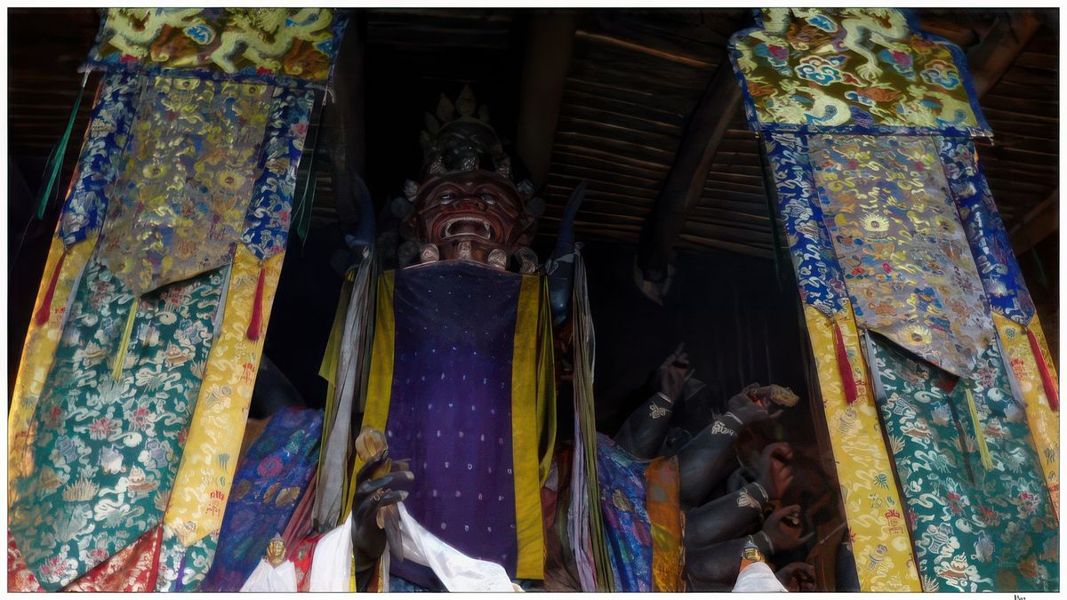 Nous poursuivons la visite en escaladant les escaliers sur la droite du dukhang; nous arrivons au gonkhang, la salle des protecteurs, baignée dans l'obscurité, comme souvent dans les monastères.