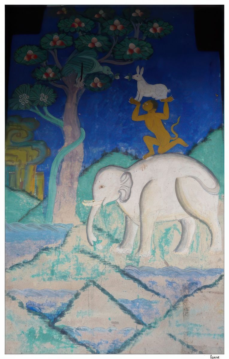 La légende des quatre frères Harmonieux est présente dans beaucoup de monastères, cette histoire extraite du Tittira-Jataka, est la représentation d'une histoire racontée par le Bouddha à ses disciples. Il était une fois dans une forêt à Varanasi (Inde), quatre animaux, un éléphant, un singe, un lapin et un oiseau (faisan ou perdrix) qui se disputaient sur la propriété d'un arbre. L'éléphant affirmait l'avoir vu en premier; le singe disait que c'était son arbre parce qu'il avait grandi grâce à ses fruits; le lapin disait qu'il s'en était nourri quand l'arbre était jeune et le faisan expliquait que l'arbre avait poussé en ce lieu grâce à la graine d'un fruit qu'il avait mangé puis rejeté dans une fiente. L'éléphant, le singe et le lapin acceptèrent l'argument du faisan puisqu'il était à l'origine de l'arbre. Les quatre animaux sont ainsi devenus amis et ont décidé de partager les ressources offertes par l'arbre. C'est pourquoi le faisan est représenté sur le lapin, lui-même posé sur le singe qui est monté sur l'éléphant. Ces animaux représentent l'harmonie, l'unité et le dépassement du désir. Leur relation ne tient pas compte de l'âge, de la force ou de la taille. Il existe différentes versions de l'histoire, mais elles enseignent la même morale, à savoir le respect des anciens, la coopération et la générosité.