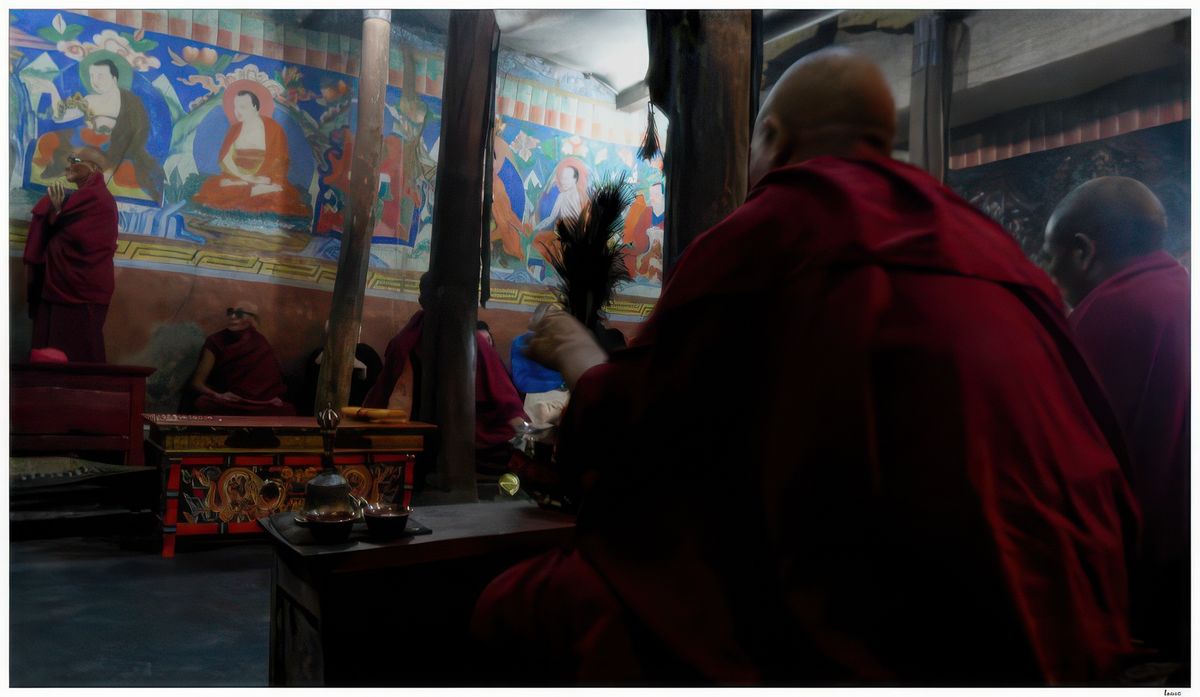 Au mur, des fresques du Bouddha...
