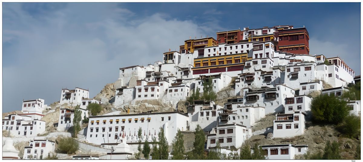 C'est en repartant que nous avons une vue sur le magnifique ensemble monastique de Thiskhey. Il n’est pas sans rappeler le palais du Potala, résidence des dalaï-lamas à Lhassa, au Tibet. Etagé sur 12 niveaux, c'est le monastère le plus impressionnant du point de vue architectural. Les habitations des moines, blanchies à la chaux, sont dominées par un grand complexe de temples peints de couleur ocre et rouge. Tout en haut, à gauche, le dukhang( de couleur ocre), à droite, le temple de Maitreya (de couleur rouge).
