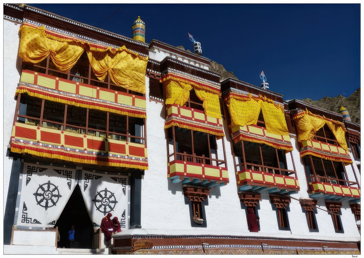 C'est dans cette cour qu'un immense thangka brodé (avec applications de perles et de pierres semi-précieuses), où figure Padmasambhava, est déployé sur la haute façade du bâtiment.