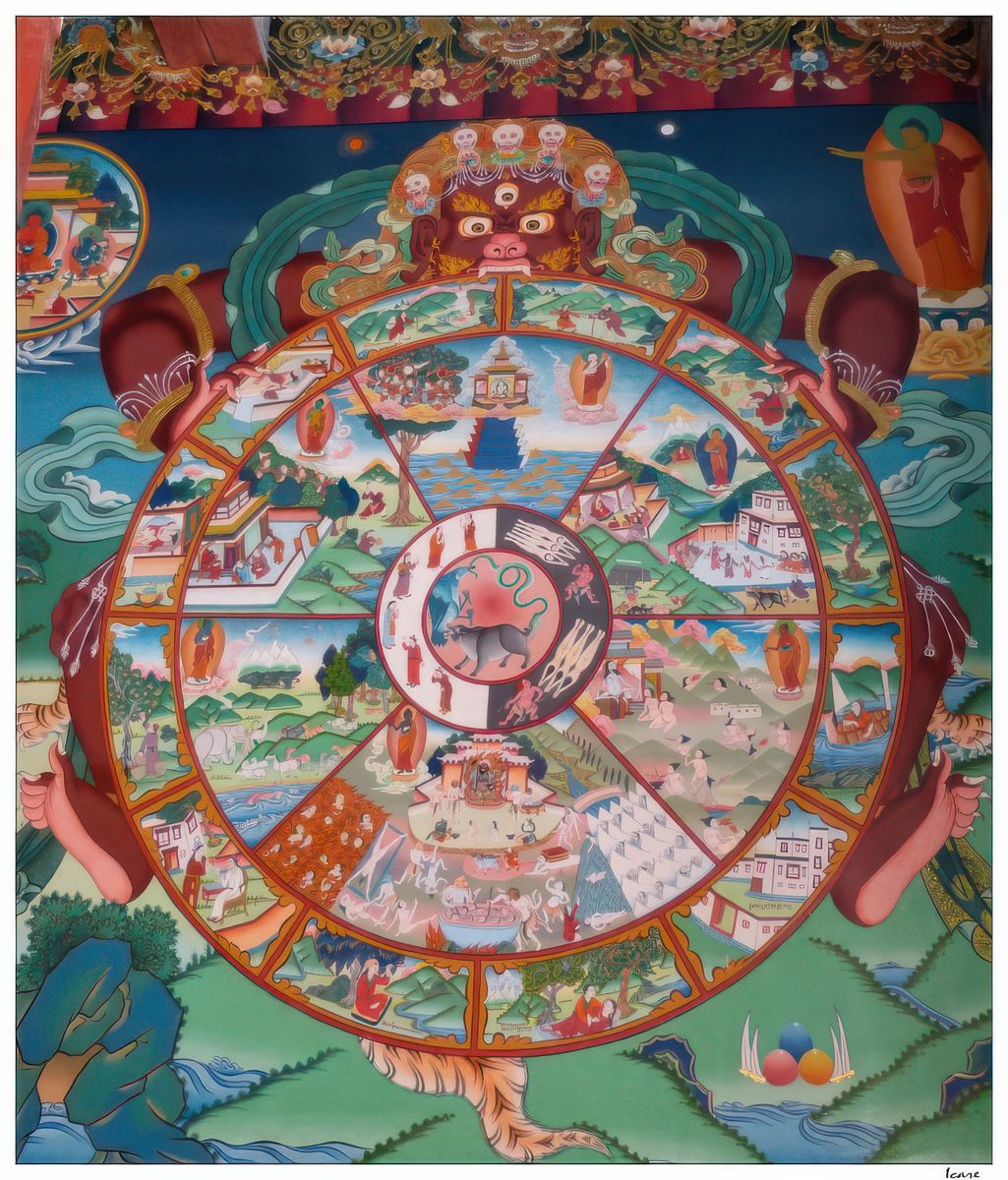 Représentation de la Roue de l'existence karmique, appelée plus communément Roue de vie. Elle est tenue entre les griffes et les crocs du monstre Yama, le dieu de la Mort et le seigneur des Enfers dans la religion bouddhiste. La Roue tourne autour d'un moyeu occupé par trois animaux incarnant les défauts majeurs de l’être humain: la haine (symbolisée par le serpent), le désir (par le pigeon ou le coq) et l’ignorance (par le porc noir). Ils forment un cercle, chacun tenant la queue de l’autre. Les scènes de la jante illustrent la chaîne des douze causes (vers l'extérieur de la Roue) et celles des six voies de la transmigration: les deux du haut représentent les hommes, les dieux et les guerriers, alors que ceux du bas incarnent les destinées douloureuses de l’Enfer.