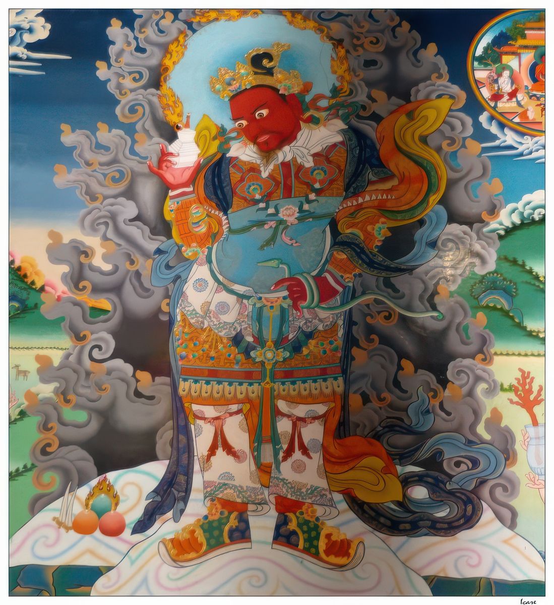 Comme dans tous les monastères, nous retrouvons les dieux protecteurs. Ici, un des quatre lokapalas, les "Gardiens du monde", Virupaksa, de couleur rouge, tient un stupa dans la main gauche et un serpent dans la main droite (il est le "Maitre des Nagas").