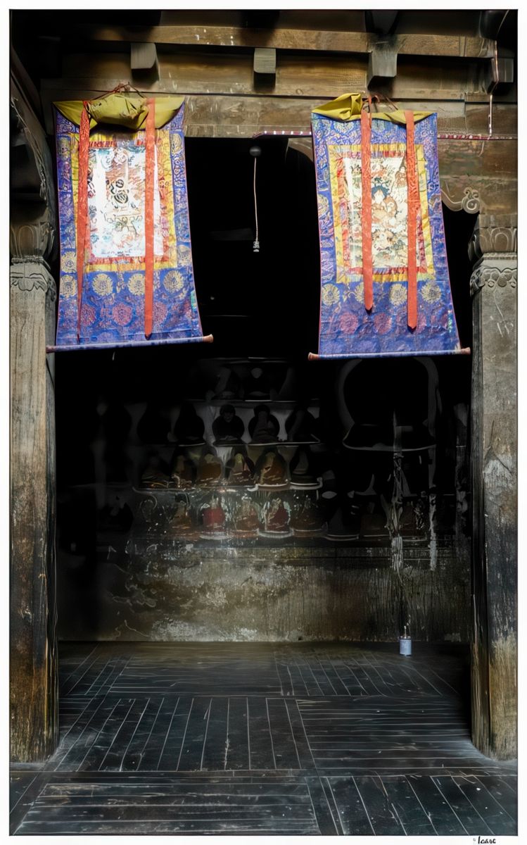 Dans une petite salle sombre, fresque des Mille Bouddhas.