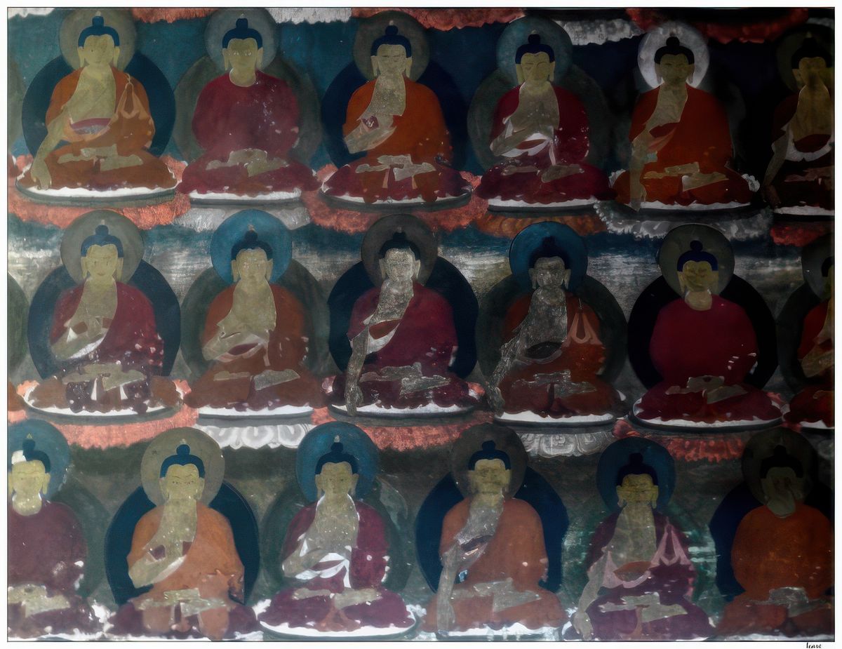 Fresque des Mille Bouddhas salie par la fumée des lampes à huile.