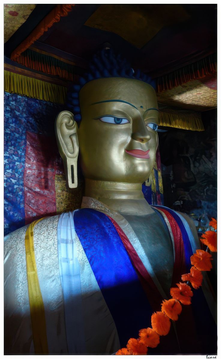 Faite de cuivre, recouverte d’or, d'une hauteur de 12 mètres, la statue du Bouddha Shakyamuni occupe deux étages. Elle fut placée dans ce monastère sous le règne du roi Deldan Namgyal au XVIIe siècle.