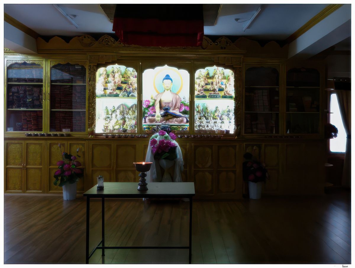 Au rez-de-chaussée, une grande salle où sont exposés des livres et des statues.