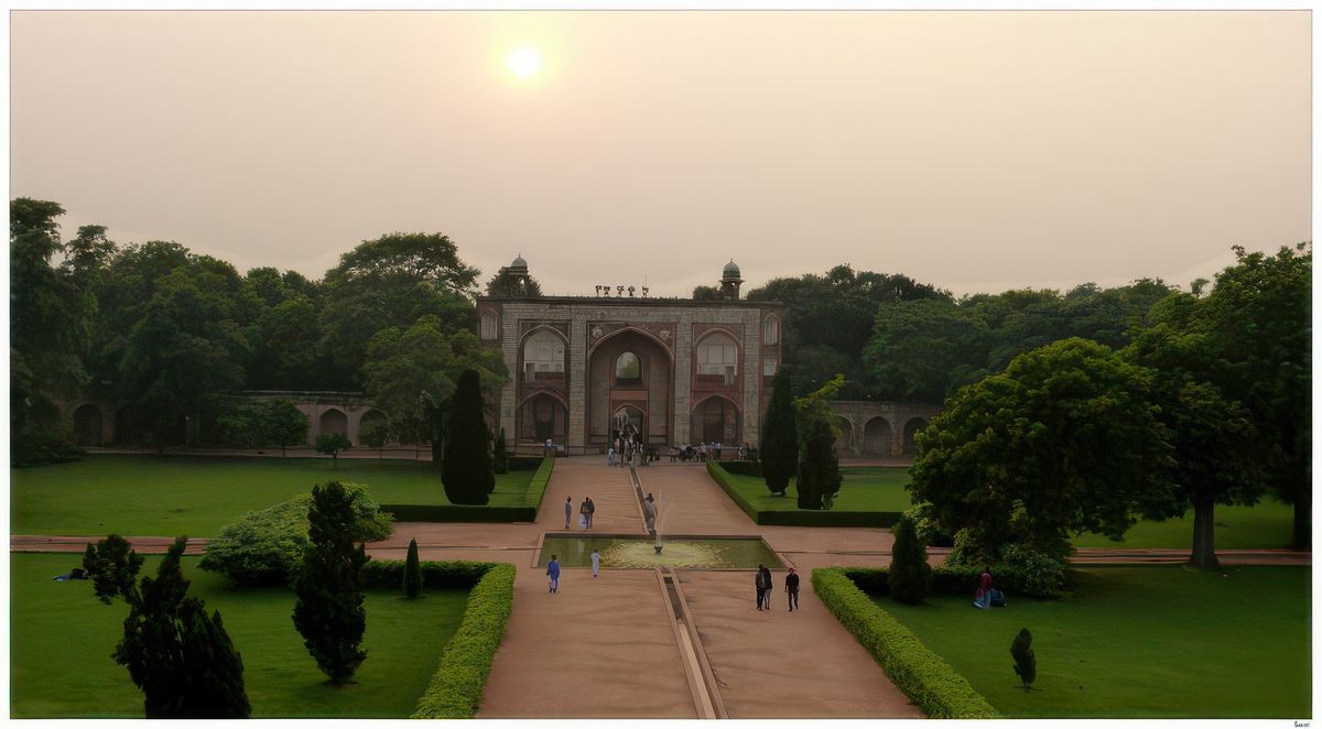 Vue sur la monumentale porte d'entrée du complexe funéraire et sur une partie des jardins.