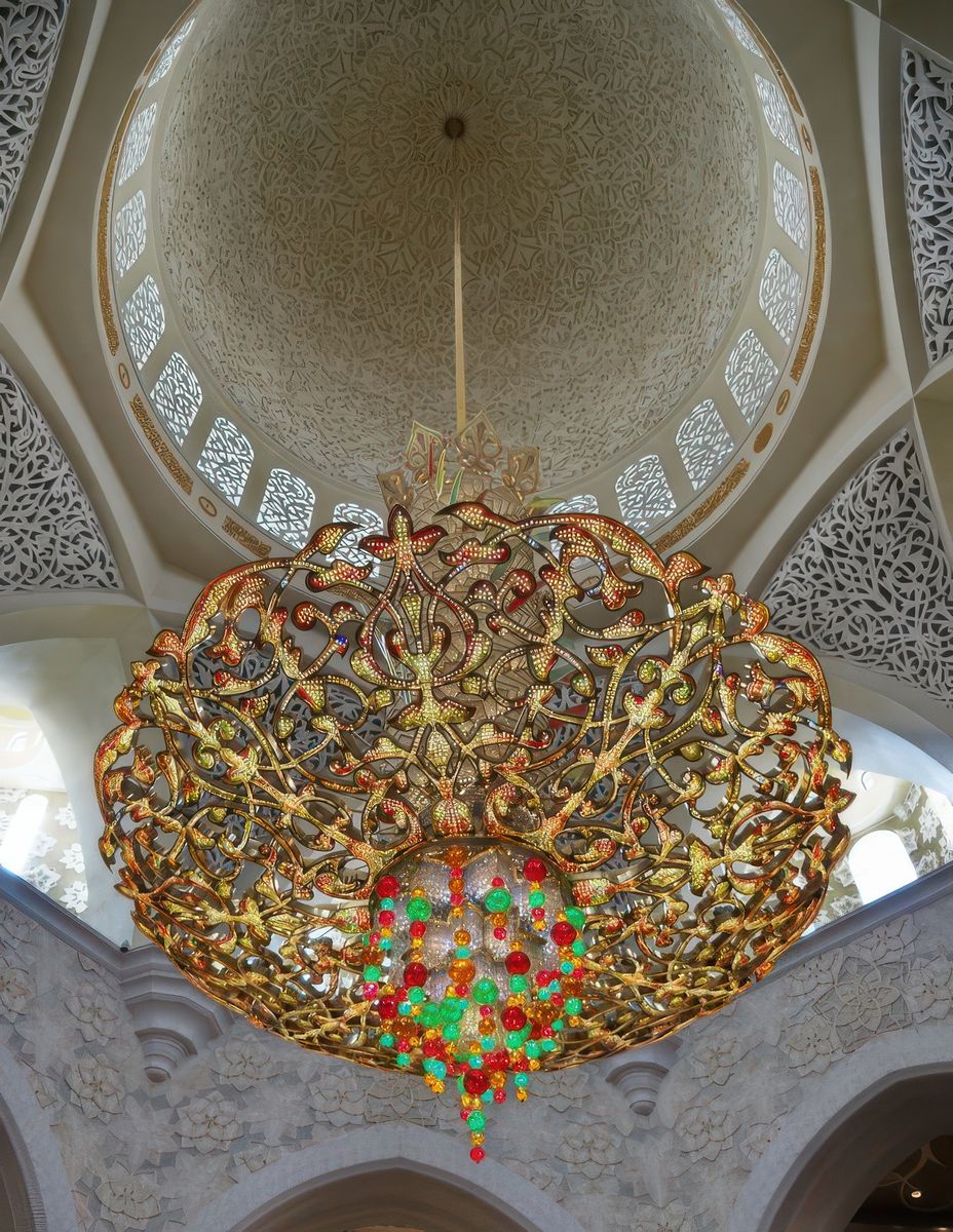 Après le tapis le lustre. Là aussi on nous dit que c'est le plus grand lustre du monde, mesurant 10m de diamètre, 15m de haut fait en feuilles de laiton recouvert d'or 24 carats et en cristal Swaroski. Moi j'aurais bien gratté le laiton ....