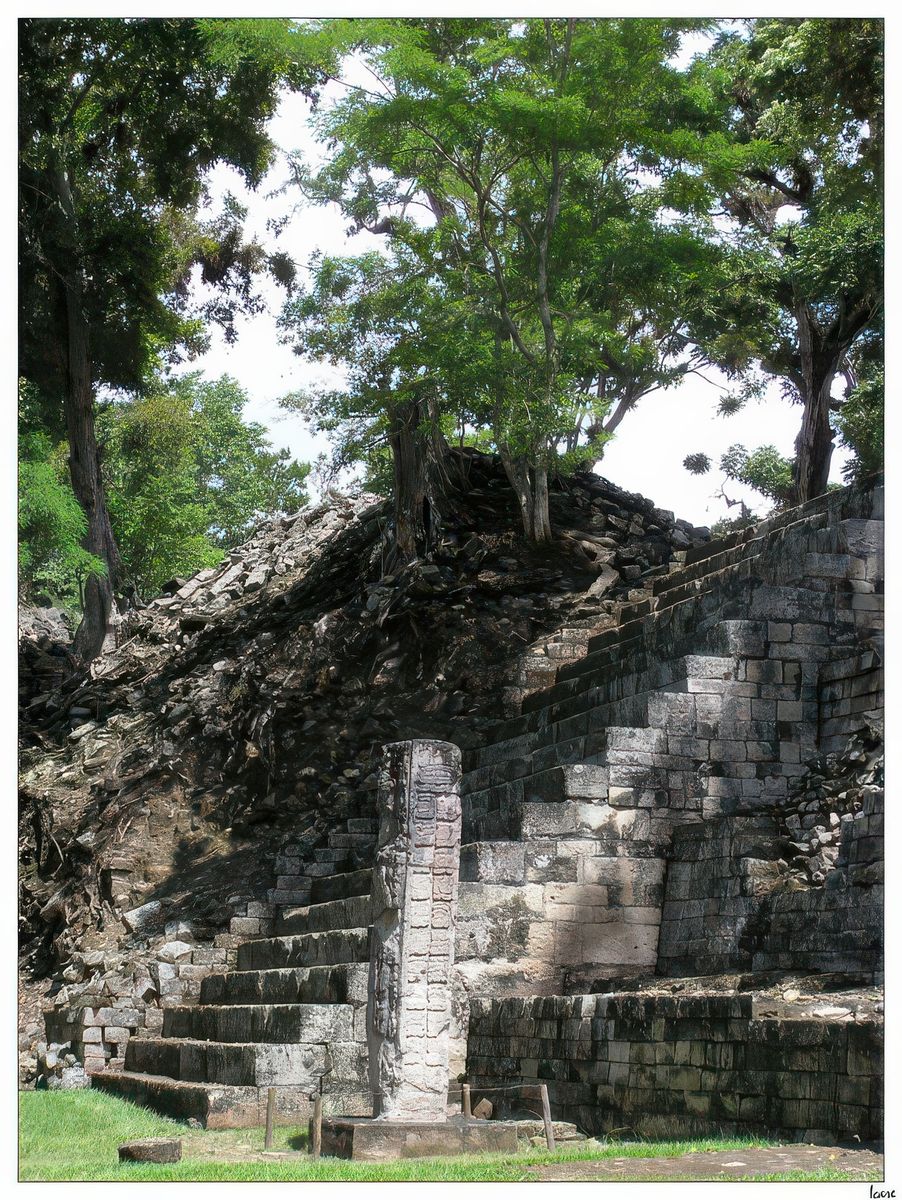 Au pied du temple 16, la stèle P. C'est l'une des plus anciennes (623 apr.J.-C.). Elle représente le 11ème souverain, Buz 'Chan (578-628).