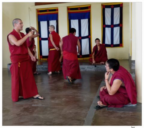 Moines débatteurs au gompa (monastère) de Namgyal. Comme au monastère de Sera, au Tibet, c'est l'occasion, pour les moines, de confronter leurs conceptions du bouddhisme, d’aiguiser leur vivacité d’esprit et de se défouler en plein air...
