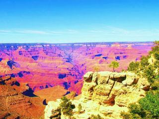 Prise de vue du Grand Canyon dans l'Arizona, au fond la rivivère Colorado. Les couleurs étaient impressionnantes et irréelles. Il y avait des condors de Californie mais ils n'ont hélas pas voulu poser en même temps pour la photo !