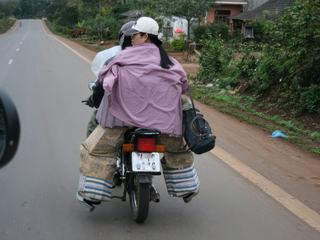 Après avoir visité la DMZ (ancienne zone démilitarisée) qui séparait le nord du sud VIETNAM, nous sommes allés jusqu'à la frontière du LAOS et à notre retour, nous avons doublé cette moto, dont la passagère était bien "chargée" de paquets de cigarettes pour approvisionner son "petit commerce"
Ceci d'après notre guide qui ne semblait pas trop surpris?