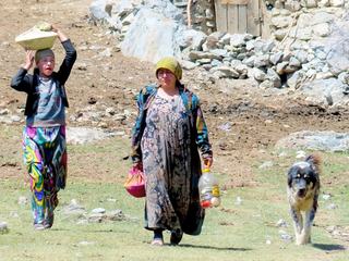 Au cœur des Monts Fans (ou Fanskye, dit-on aussi ), au Tadjikistan.
Ici pas d'électricité, pas d'eau courante sauf celle des rivières. Tout se fait sans mécanisation, ou presque. On se déplace à dos d'âne, à pied, le cours de la vie est simple et prend son temps.
Au sortir d'un hameau très, très  modeste, cette femme et sa fille accompagnées du drôle de grand chien vont, en pleine chaleur de ce midi de fin juillet, apporter à manger aux autres membres de la famille, partis à quelques kilomètres de là faire du foin pour le bétail dans les alpages où nous les avons croisés eux aussi.
Ce pays dont on parle peu a été récemment pour moi une touchante découverte, au travers notamment de scènes de vie toutes simples comme celle-ci...