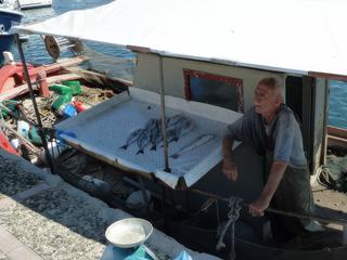 Ce vieux pêcheur vendait le fruit de sa pêche sur son bateau dans le port de Prévéza (Grèce). Il était près de midi et la température avoisinait 30°, les poissons pas encore vendus risquaient de devenir rapidement inconsommables ...