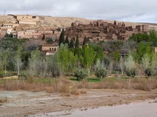 Vallée de l'oued M'goun (sud du Maroc)
Contraste entre le vert des arbres au bord de l'oued et la couleur ocre du désert, des habitations et de l'oued boueux.