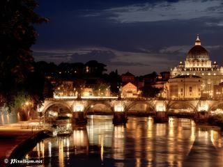 Basilique Saint-Pierre du Vatican et Ponte Sant'Angelo, vus des bords du Tibre : triple symbole!