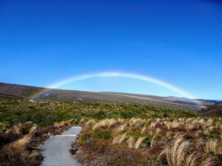 Malgré un ciel bien dégagé, un bel arc en ciel nous a accompagné lors d'une randonnée au Tongariro national park sur l'île du nord de Nouvelle-Zélande. On a eu beau courir, on n'a pas réussi à passer en dessous ;-)