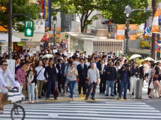 A Tokyo, dans le quartier de Shibuya, les piétons attendent sagement leur tour pour traverser à un carrefour.