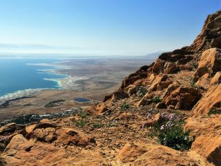 Puisque j'en reviens tout juste : vue sur le point le plus bas du globe, la Mer Morte, depuis les hauteurs d'En Gedi (Palestine), avec la Jordanie de l'autre côté. Par un très beau canyon on peut descendre les presque 500 m qui mènent au rivage de la mer salée, mais pas les Palestiniens qui n'y ont pas accès : l'étendue que vous voyez tout en bas est sous contrôle israélien.