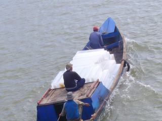 Transport de pains de glace dans le port de pêche