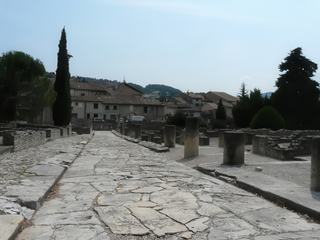 La rue des Boutiques permet de bien illustrer l'urbanisme de Vasio à cette époque. La chaussée est composée de grandes dalles qui pouvait supporter les transports de charges lourdes. Elle est équipée d'un égout implanté sous le trottoir. Sur le côté Ouest de la rue, la photo ci-dessus montre bien les colonnes qui supportaient une allée couverte permettant aux piétons de circuler à l'abri des intempéries.