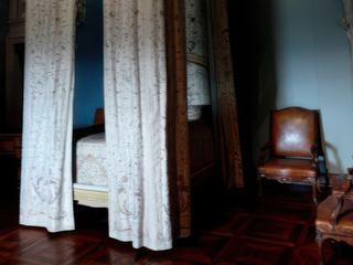 Un lit "à la Française", très en vogue aux XVIe et XVIIe siècles, a été placé dans l’ancienne chambre de M. de Grignan. Il est garni d’une soie peinte caractéristique du goût du début du XVIIIe pour les motifs extrême-orientaux.
