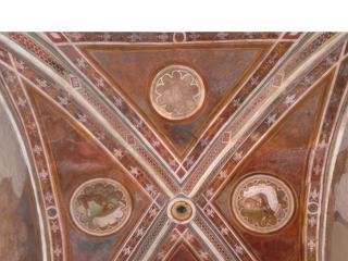 Détail des fresques représentant l’histoire de San Galgano, œuvre d’Ambrogio Lorenzetti, réalisée entre 1334 et 1336.