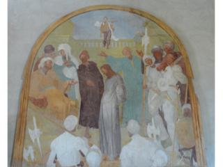 L'une des cinq fresques, réalisée entre 1523 et 1525, représentant des scènes de la vie de Jésus (ici, devant Pilate) du Pontormo (Jacopa Carucci), venu se réfugier dans la chartreuse pendant une épidémie de peste à Florence.