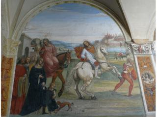 Benoît quitte sa famille pour aller étudier à Rome. Remarquez le petit chien qui mord la robe de la fillette. Cette technique est destinée à un grand avenir, au-delà même de la Renaissance.