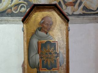 Saint Bernardin de Sienne, tableau à la gouache exécuté par Giovanni di Paolo (XVe. siècle).
