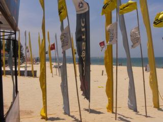 Les drapeaux flottent au vent.