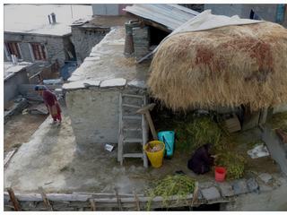 Vue sur les habitations depuis le balcon de notre chambre. Cette villageoise écosse sa récolte de haricots en grains.