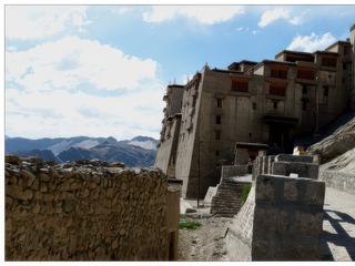 Les façades du palais n'ont pas été peintes, elles se fondent dans la couleur des roches. Les murs sont inclinés vers l'intérieur, selon l'architecture himalayenne, ils ont été construits avec des couches de pierre et de bois alternées. Cette pratique permet à la structure d'absorber les chocs et de survivre aux tremblements de terre.