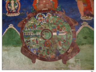 Yama, le dieu de la mort et des enfers, tenant dans sa bouche la représentation du cycle de l'existence (Bhavacakra).