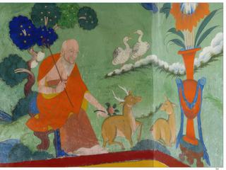 Fresque murale représentant le Bouddha lors de son premier enseignement pubic, entouré de la biche et du daim, dans le parc de Sarnath, près de Bénarès.