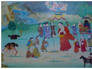 En arrivant au complexe d'Alchi, une jolie fresque représentant l'enseignement du Bouddha.