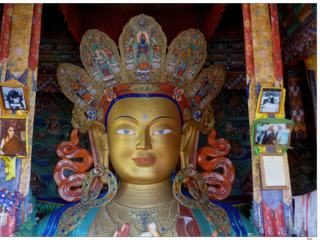 La particularité de Maitreya est qu'il est en position du lotus, assis sur cette fleur, généralement il est représenté debout ou assis sur un siège. La statue de 12 mètres de hauteur, sur deux étages, ne permet pas de la voir en entier.