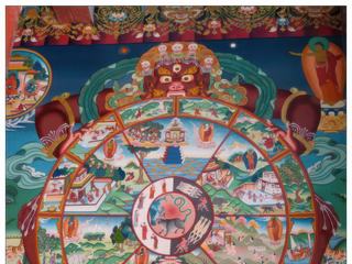 Représentation de la Roue de l'existence karmique, appelée plus communément Roue de vie. Elle est tenue entre les griffes et les crocs du monstre Yama, le dieu de la Mort et le seigneur des Enfers dans la religion bouddhiste. La Roue tourne autour d'un moyeu occupé par trois animaux incarnant les défauts majeurs de l’être humain: la haine (symbolisée par le serpent), le désir (par le pigeon ou le coq) et l’ignorance (par le porc noir). Ils forment un cercle, chacun tenant la queue de l’autre. Les scènes de la jante illustrent la chaîne des douze causes (vers l'extérieur de la Roue) et celles des six voies de la transmigration: les deux du haut représentent les hommes, les dieux et les guerriers, alors que ceux du bas incarnent les destinées douloureuses de l’Enfer.