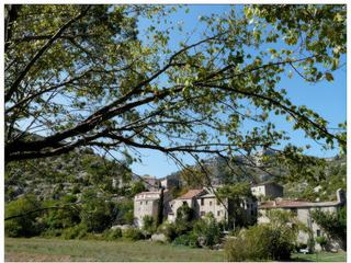 Retour sur le village de Navacelles, coupé en deux (100m) pour épargner les terres cultivables et un vieux pont muletier qui permet de rejoindre les maisons construites à flanc de colline.