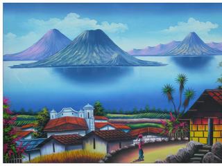 Peinture à l'huile Tz’Utujil au style naïf si spécifique, mettant en valeur le lac, mais aussi des scènes de la vie rurale maya.