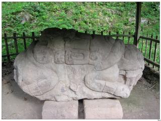 Le bloc zoomorphe N représente une carapace de tortue avec une tête squelettique à chaque extrémité. Une des têtes représente une divinité des Enfers Mayas.