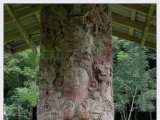 Waxaklajun Ubaah K'awiil (Dix-Huit Lapin) a fait ériger cette sculpture pour commémorer le premier k'atun qui s'est achevé après son avènement. D'une taille plus grande que la normale, il est représenté sur les deux côtés de la stèle de manière à faire face au soleil levant et couchant. Les deux visages montrent un visage jeune du côté Est et un visage ancien du côté Ouest (ici le côté Ouest). Remarquez les traces de peinture rouge.
